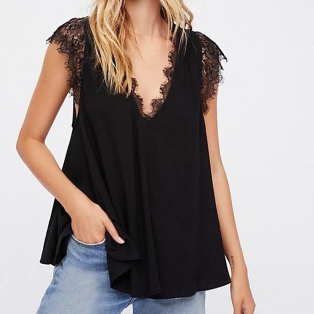 Free People Black Lovin' On You Lace Trim Tee